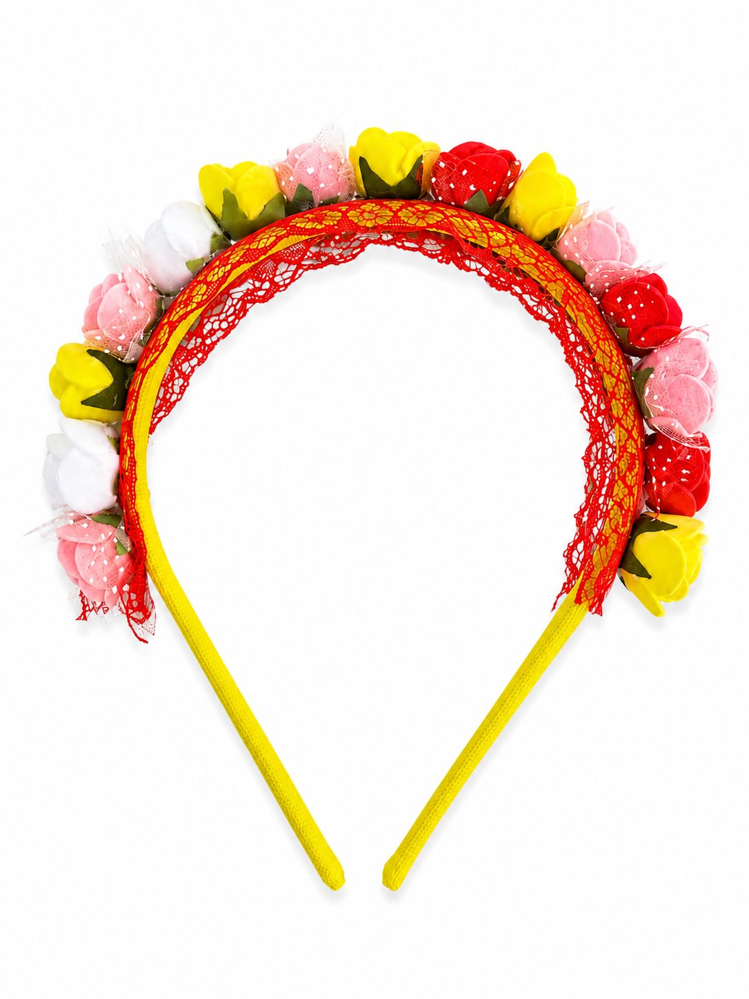 Tiara Floral com Flores Coloridas e Renda Decorativa