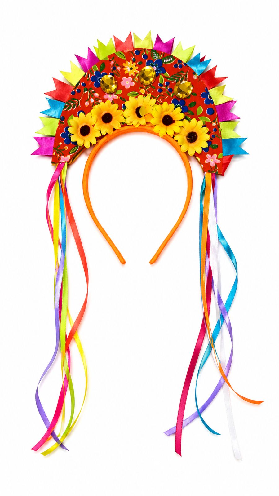 Tiara Junina Colorida com Girassóis e Fitas Decorativas