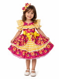 Vestido Caipira Infantil Girassol e Detalhes em Rosa  – Festa Junina