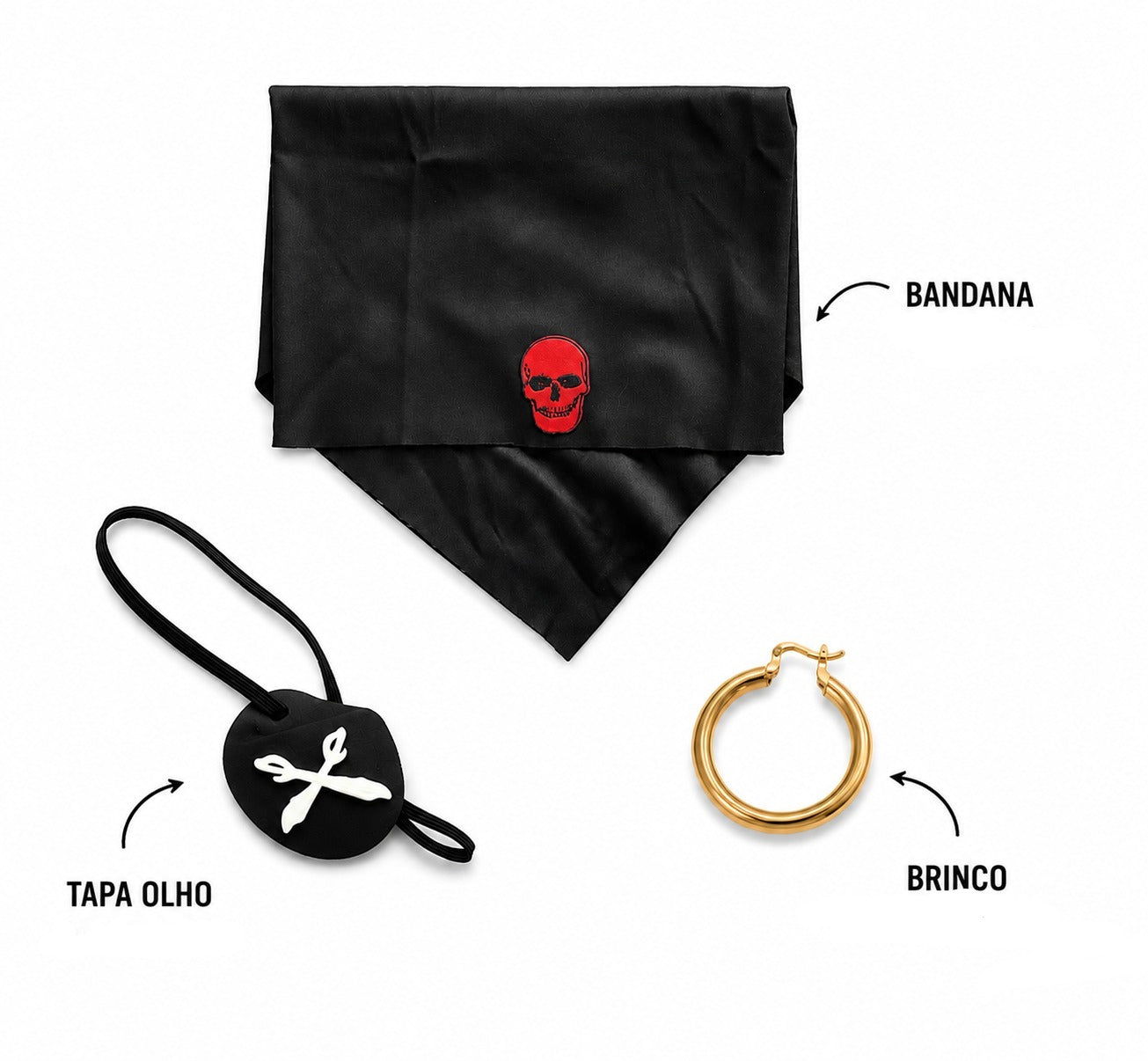 Kit Pirata – Lenço Preto com Caveira Vermelha + Brinco + Tapa olho