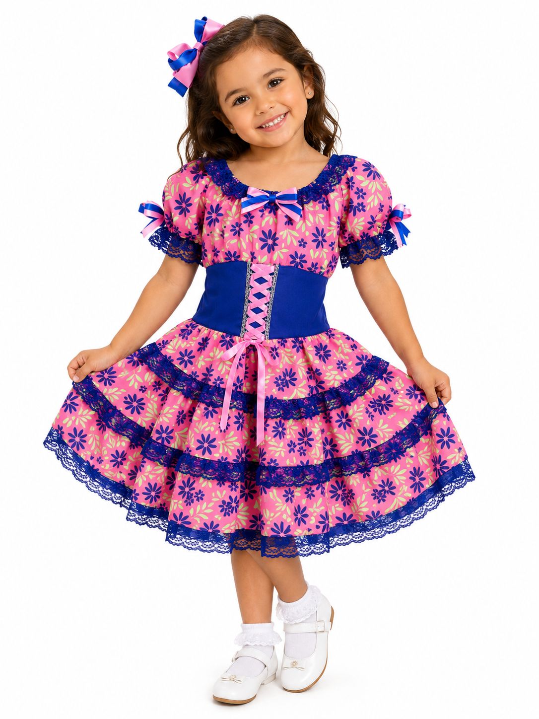 Vestido Junino Infantil Rosa e Azul Floral com Renda – Caipira Luxo Menina