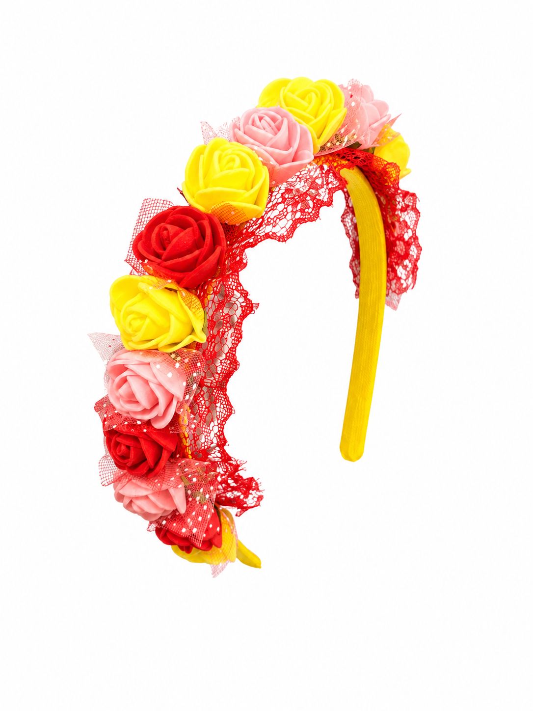 Tiara Floral com Flores Coloridas e Renda Decorativa
