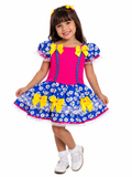 Vestido Junino Infantil Floral Azul e Pink com Laços Amarelos Luxo Festa Caipira