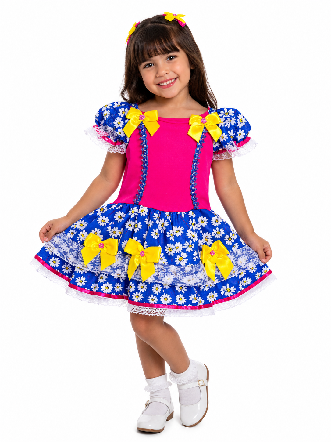 Vestido Junino Infantil Floral Azul e Pink com Laços Amarelos Luxo Festa Caipira