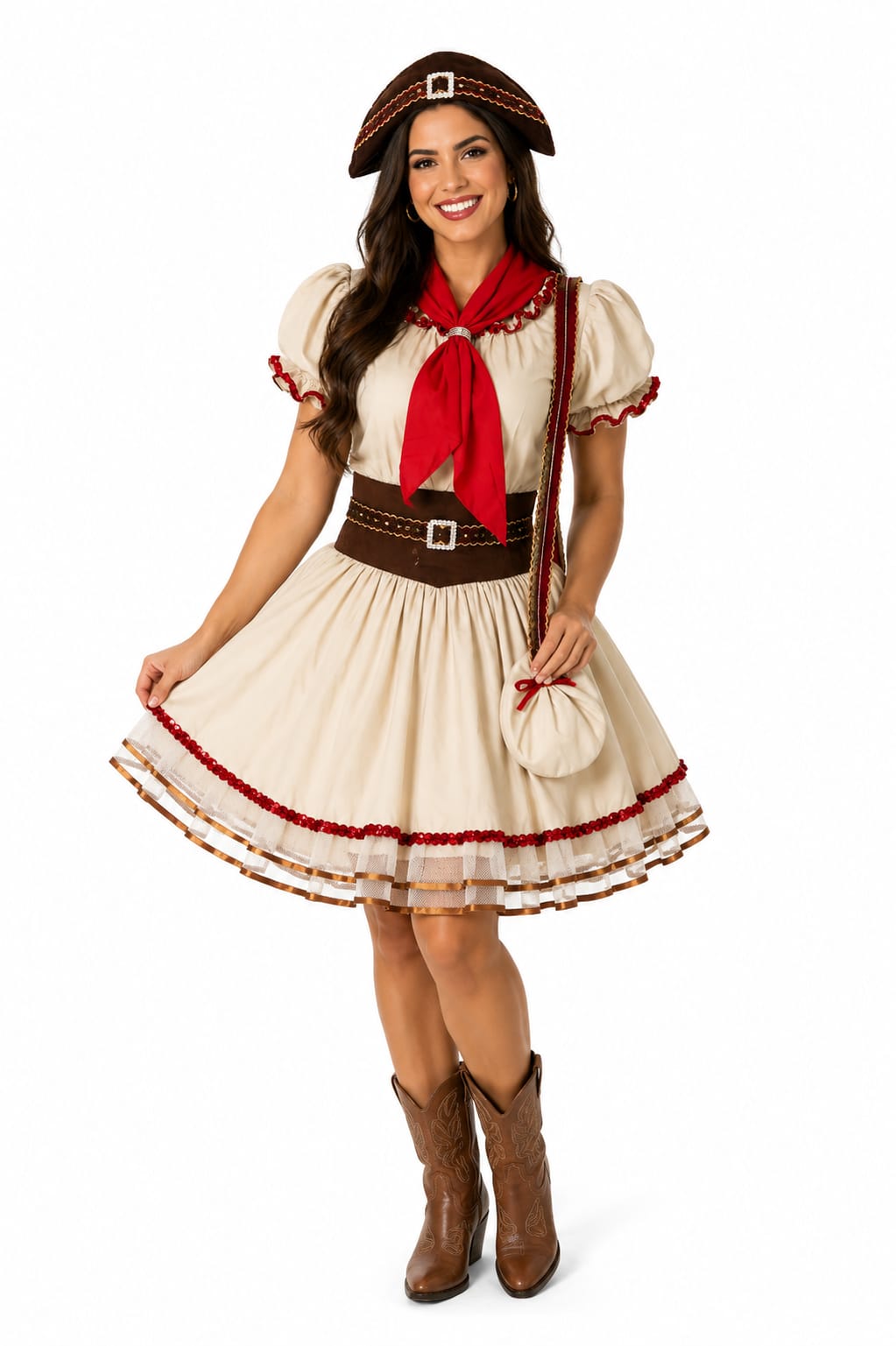 Vestido Caipira Feminino Estilo Cangaceira com Bolsa e Chapéu