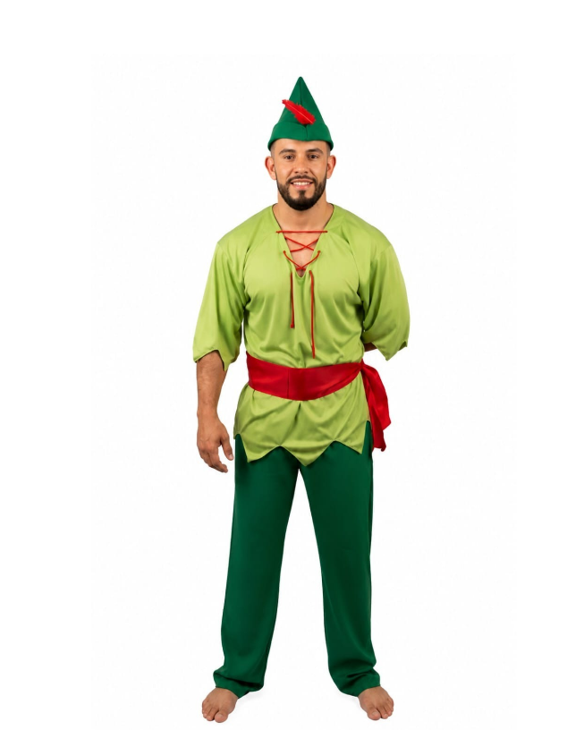 Fantasia Doende-Aventureiro da Floresta Verde Neon Masculina Adulto Completa com Chapéu e Faixa