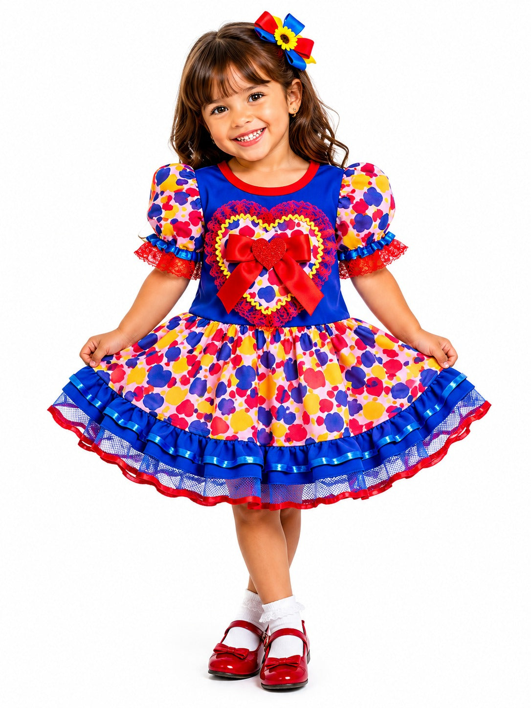 Vestido Junino Infantil Colorido Luxo com Coração e Laço Vermelho