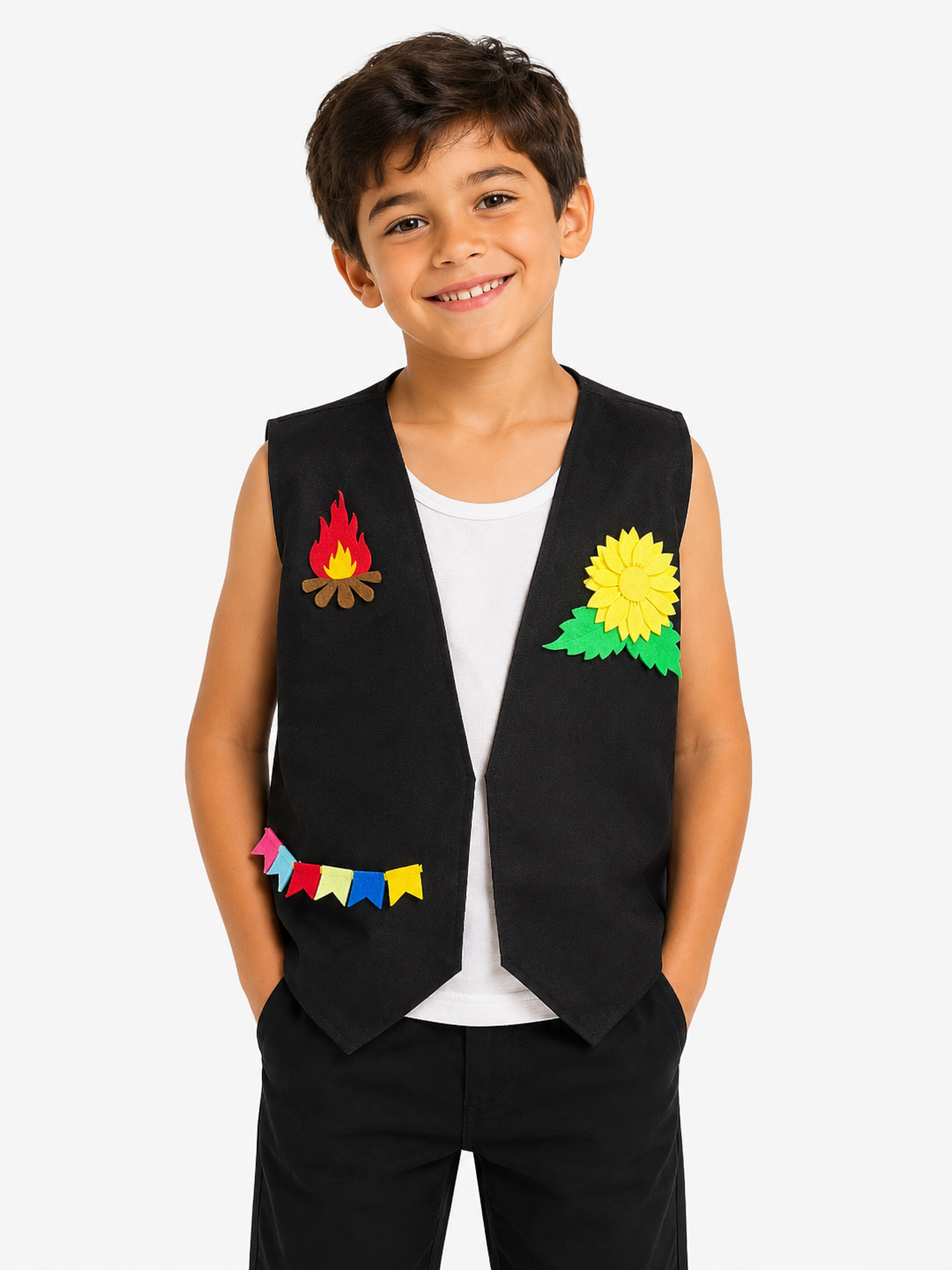 Colete Junino Infantil Masculino Preto com Apliques Festa Junina Caipira Menino