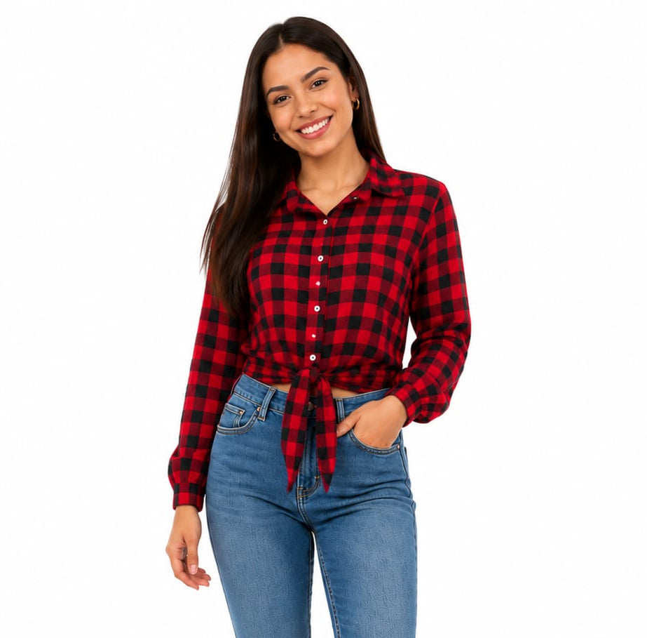 Camisa Junina Infantil Xadrez Manga Longa com Nó Frontal