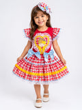 Vestido Festa Junina Infantil Luxo Xadrez Vermelho com Laços Azuis e Bonequinha