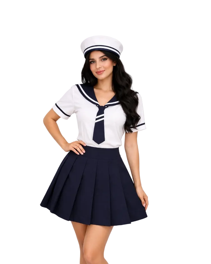 Fantasia Marinheira Navy Feminina Adulto Luxo com Saia Plissada