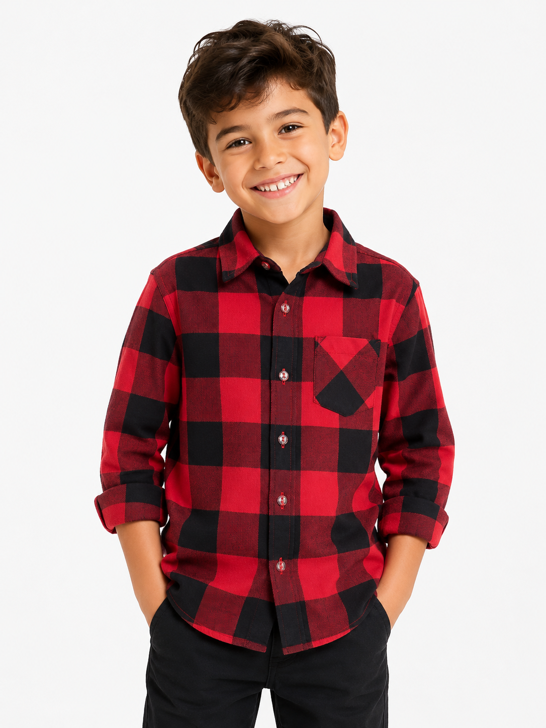 Camisa Xadrez Infantil Preta e Branca,Azul, vermelho Flanelada Manga Longa Menino Casual