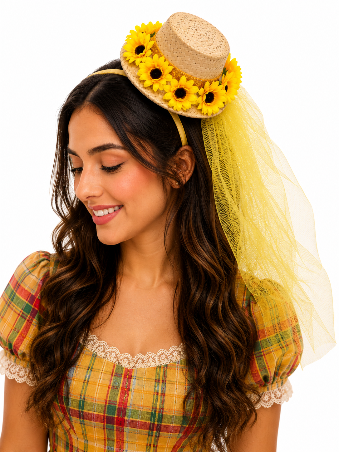 Tiara Junina De Girassol com Mini Chapéu e Véu – Delicada e Encantadora!