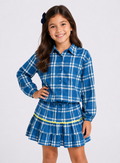 Conjunto Infantil Xadrez Azul Manga Longa com Saia em Camadas – Look Casual Menina