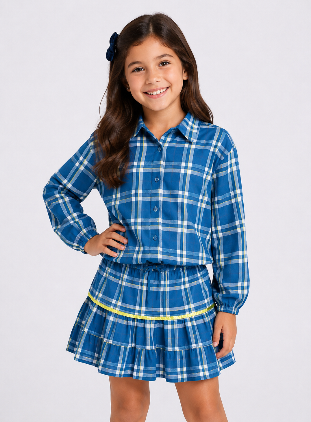 Conjunto Infantil Xadrez Azul Manga Longa com Saia em Camadas – Look Casual Menina