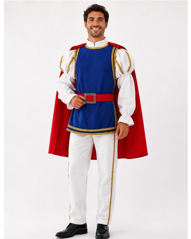 Fantasia Príncipe Encantado Masculina Adulto Luxo com Capa Vermelha e Traje Real