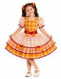Vestido Junino Infantil Xadrez Laranja com Corações – Fantasia Caipira Luxo Menina