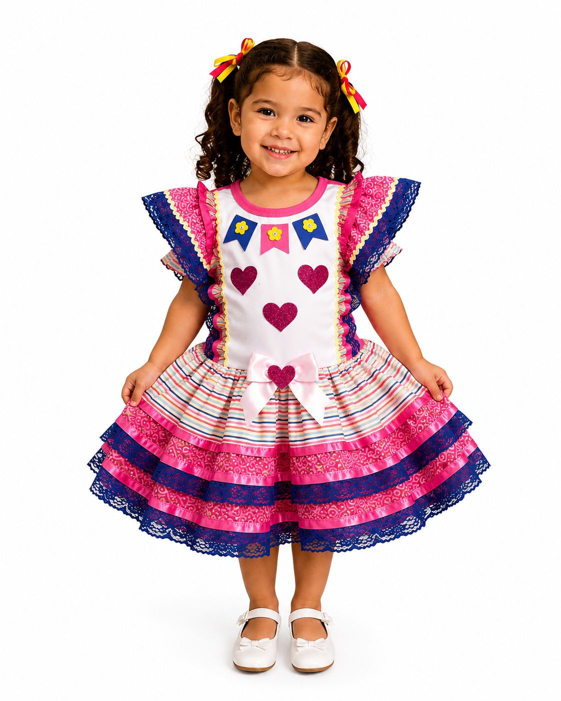 Vestido Junino Infantil Corações Pink e Azul com Renda – Fantasia Caipira Luxo Menina