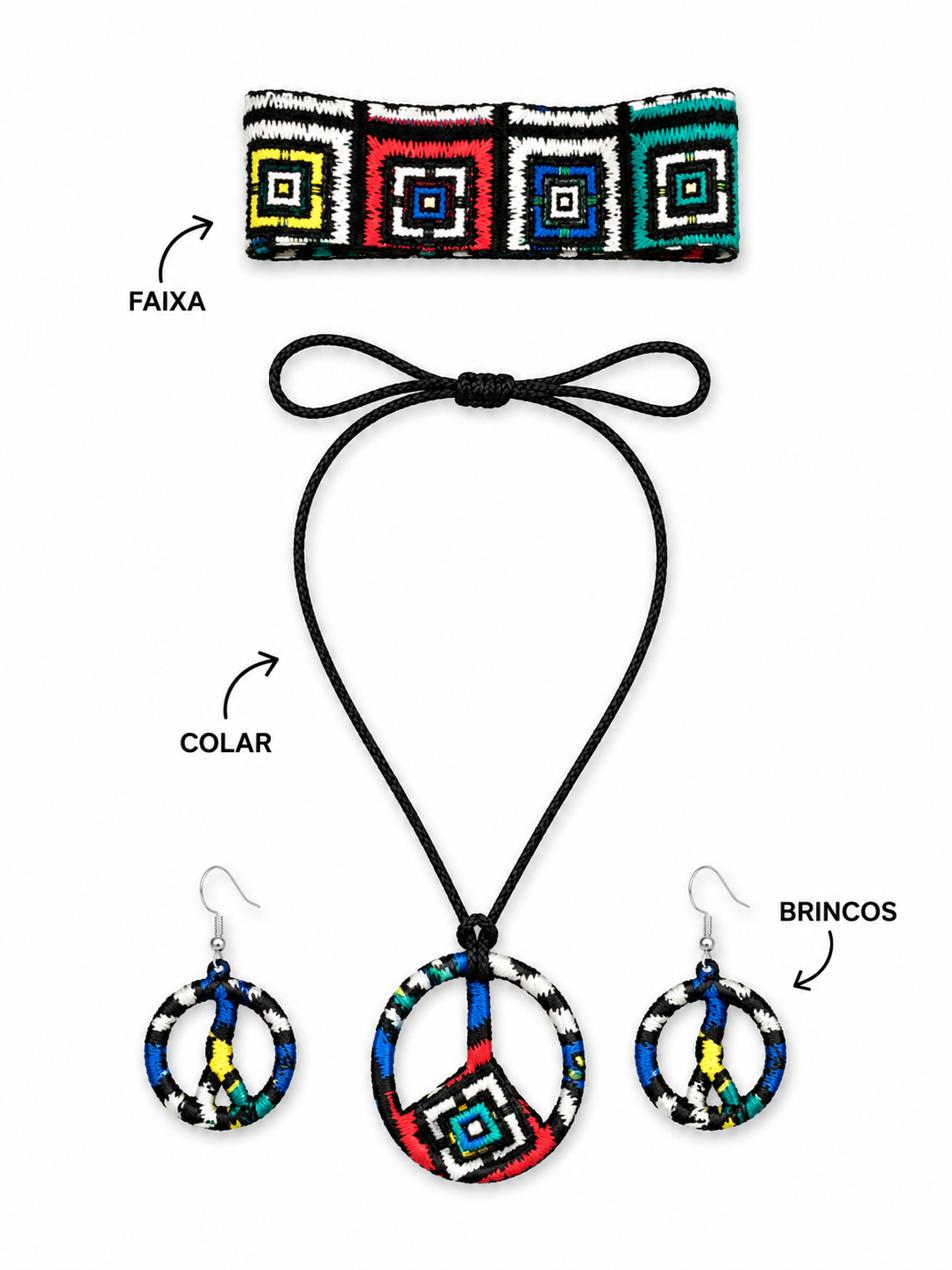 Conjunto Hippie Colorido com Símbolo da Paz – Colar, Brincos e Faixa Artesanal