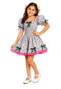 Vestido Junino Infantil Floral Verde e Rosa com Manga Bufante e Laços
