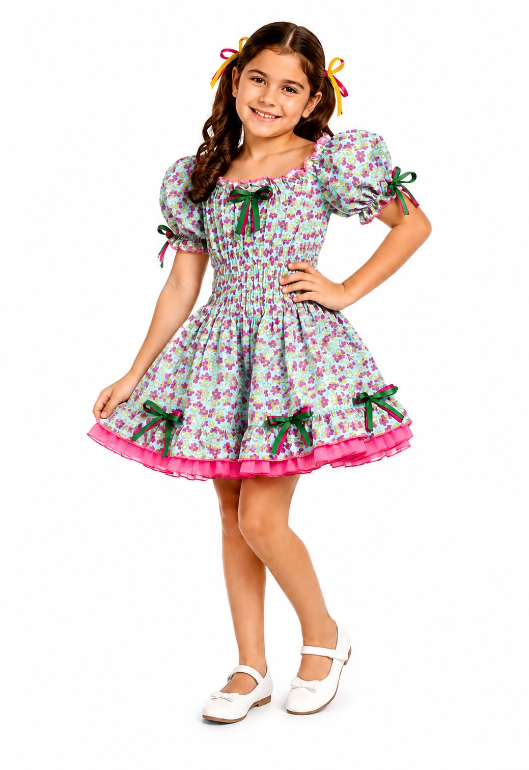 Vestido Junino Infantil Floral Verde e Rosa com Manga Bufante e Laços