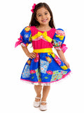 Vestido Junino Infantil Pink e Azul Floral com Laço Amarelo – Caipira Luxo Menina Festa Junina