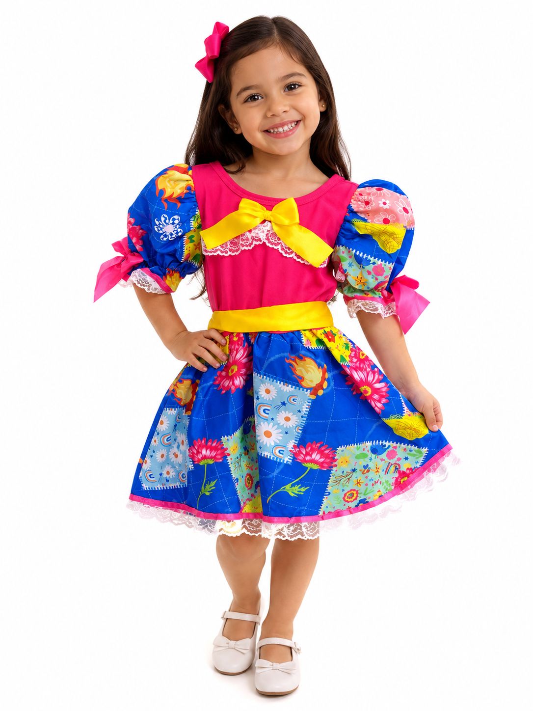 Vestido Junino Infantil Pink e Azul Floral com Laço Amarelo – Caipira Luxo Menina Festa Junina