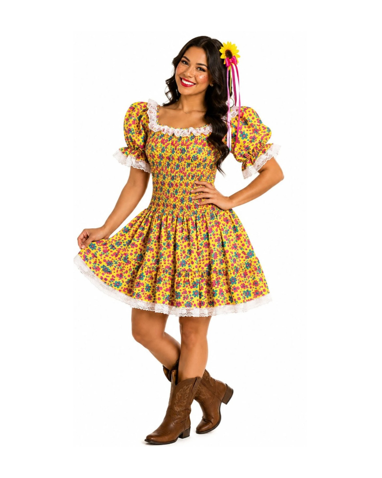 Fantasia Caipira Floral Feminina – Um arraiá cheio de cor, alegria e encanto!
