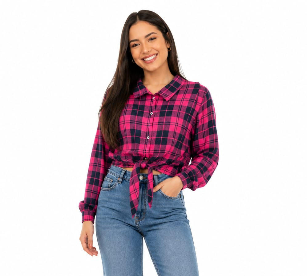 Camisa Junina Infantil Xadrez Manga Longa com Nó Frontal
