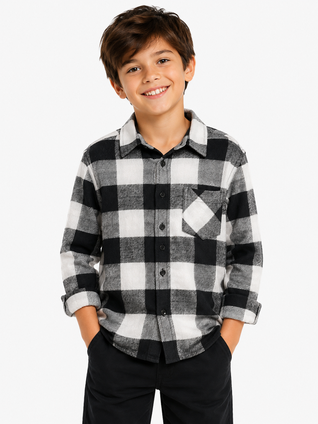 Camisa Xadrez Infantil Preta e Branca,Azul, vermelho Flanelada Manga Longa Menino Casual
